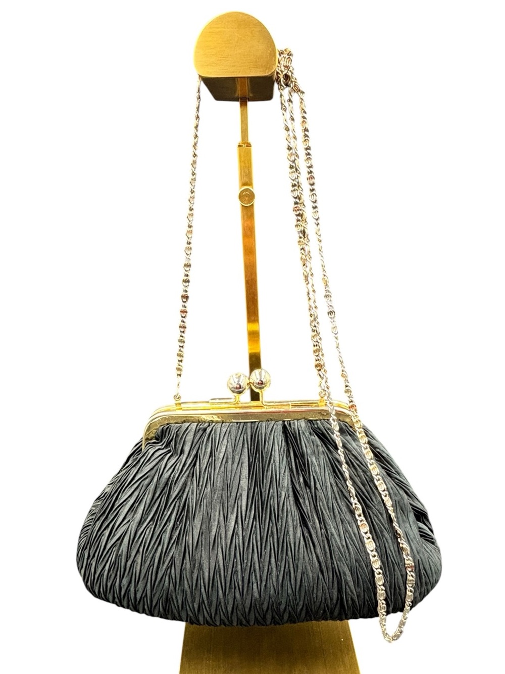 Vintage Nordstrom Black Pleated Evening Bag, Gold Tone Kiss Lock, Chain Strap